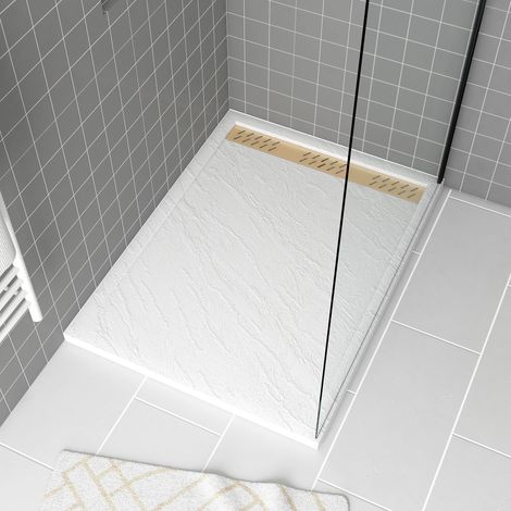 Plato de ducha Acrílico Blanco Efecto Piedra 90x120x4 cm - Rejillas Cromo y Oro Cepillado - MOON
