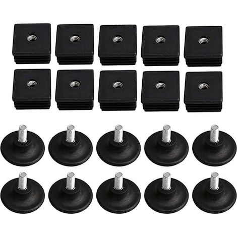 BRAVIX 40mm x 40mm Filetage M8 Bouchons de jambe de meuble en plastique noir Bouchons aveugles Bouchons enfichables avec pieds de filetage de réglage pour tube carré Lot de 10