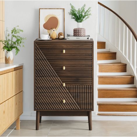 Cómoda de madera color nogal con 4 cajones, 60 x 40 x 90 cm, estilo moderno Mid-Century (1/5)
