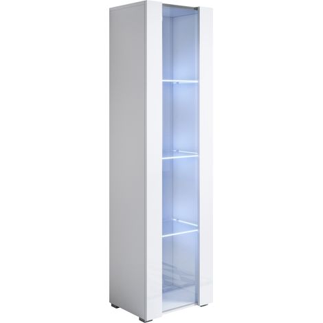 Vitrine avec pieds 2 cm – 1 porte – Étagères en verre – Lumière LED bleue – Dimensions 40 x 167 x 29 cm – Modèle Luke V5 – Blanc finition brillante – Lettiemobili