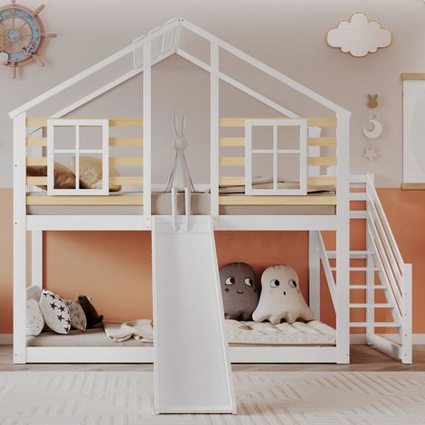 Lit superposé, lit en bois avec escalier et grille, avec toboggan et fenêtre, lit enfant en rondins avec protection antichute, cadre de lit en bois massif, blanc (90x200 cm) (1/5)
