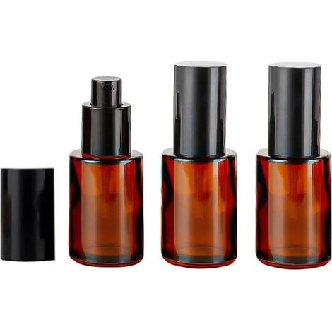 3 Stück 30 ml 1 oz leere bernsteinfarbene Glas-Pumpflaschen für Lotionen Seifenspender mit schwarzem Deckel Nachfüllbare (1/5)