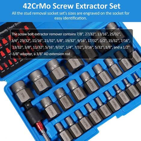 Lot de 27 extracteurs de vis 42CrMo, kit d'extracteurs de boulons easy out avec douille hexagone entraînement 3/8'', outil multi-cannelures pour enlever goujons, boulons, vis endommagés