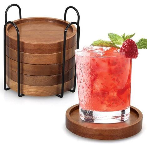 Dessous de verre en bois marron avec support pour table basse, dessous de verre absorbants pour protéger le dessus de table, lot de 6 (1/5)