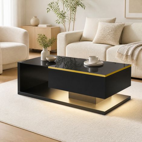 Tavolino 100x50x32,5 cm nero lucido con contenitore, vetro temperato MEUBLIV (1/5)