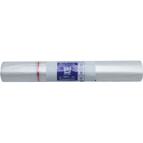 Sac poubelle transparent 100 litres – Lot de 25 sacs – 27 microns avec soudure étoile et lien de fermeture – Publi Embal