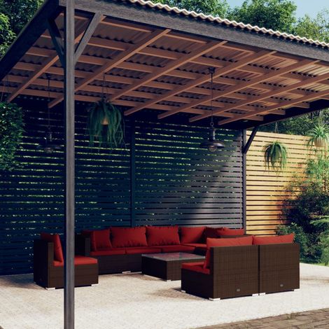 9-tlg. Garten-Lounge-Set mit Kissen Poly Rattan Braun (1/5)