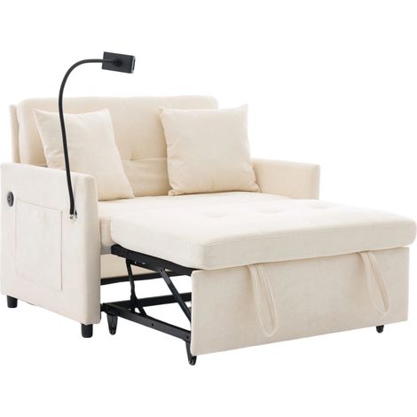 Sofá cama individual plegable multifuncional beige con USB y soporte para tablet (1/5)