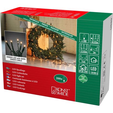 Guirlande lumineuse à micro-LED, soudée, 200 diodes ambrées, transfo intérieur 24 V, câble vert foncé - 6355-820 (1/3)