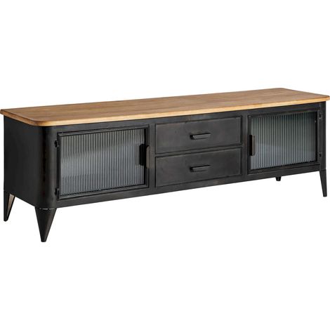 Meuble TV style industriel en fer noir verre et bois caoutchouc - Noir fer et bois brun translucide