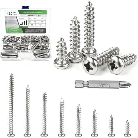 Lot de 420 vis à tle autotaraudeuses M3 - Vis à bois à tête ronde cruciforme - Vis à métal pour plastique, bois, bricolage - Argenté (1/5)