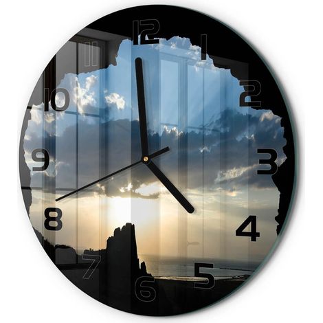 Horloge Murale Ronde Décoration Cuisine en Verre Trempé Silencieuse Moderne Coucher du soleil fi 30 cm (1/5)