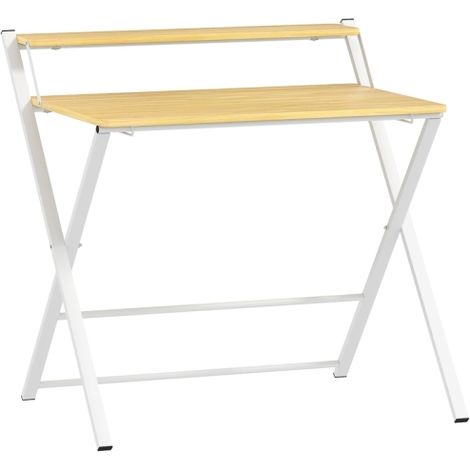 Compact Foldable Desk for Small Spaces,Space-Saving Computer Table with Storage Shelf for Home Office,2-Tier Writing Desk,Maple Finish