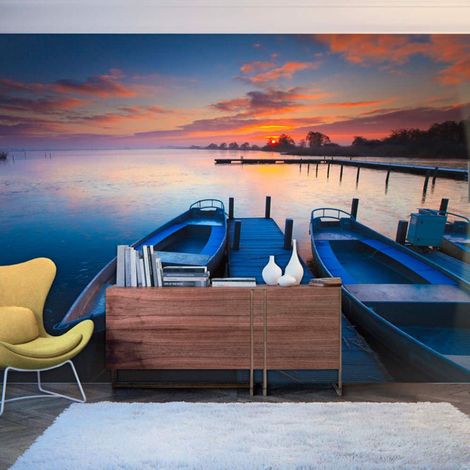 Papier peint coucher de soleil, barques et ponton - 250 x 193 cm (1/4)