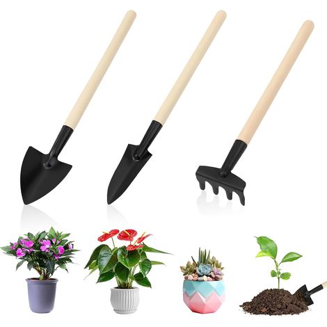 3 Pièces Outils de Jardinage, Mini Outils de Jardinage, Mini Outil de Jardin, Outil de Jardinages à Main avec Manches en Bois, Pelle, Bêche, Râteau, pour Balcon Potager Plantes Grasses (1/5)