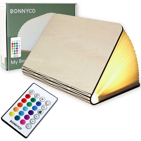 BONNYCO Lampada Libro Led Pieghevole in Legno con Telecomando 16 Colori e Timer Lampada Libro Decorazioni Casa, Camera e Ufficio  Idea Regalo Originale per Compleanno e Natale, Donna e Uomo