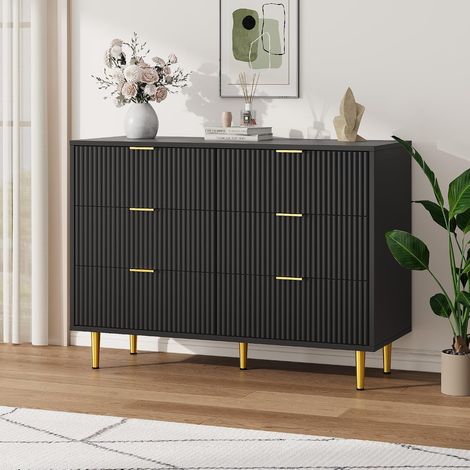 Commode 6 Tiroirs Moderne Noir, Meuble de Rangement avec Façade Ondulée et Pieds Dorés, pour Chambre Salon, 100x40x75 cm (1/5)