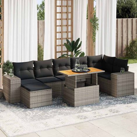 Ensemble salon jardin 8 places canapé résine tressée gris avec coussins, table réglable et rangement (1/5)