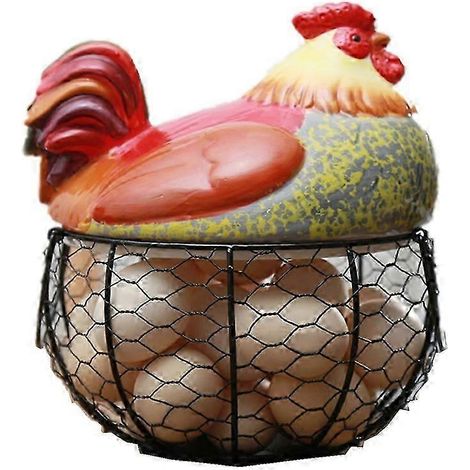Porte-œufs en céramique, panier à œufs en fil de fer, corbeille à fruits, collection de décorations de poules, rangement de cuisine 19 cm x 22 cm (B) jn (1/5)