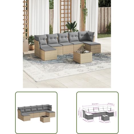 The Living Store 8-tlg. Garten-Sofagarnitur mit Kissen Beige Poly Rattan - Gartenmöbel Set - PE-Rattan Möbel - Outdoor Sofa - Esstisch - Lounge Garnitur (1/3)
