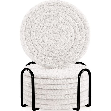 Lot de 8 sous-verres, coton tissé, diamètre 11 cm, support métal noir, absorbant, isolation thermique, cuisine salon (1/4)