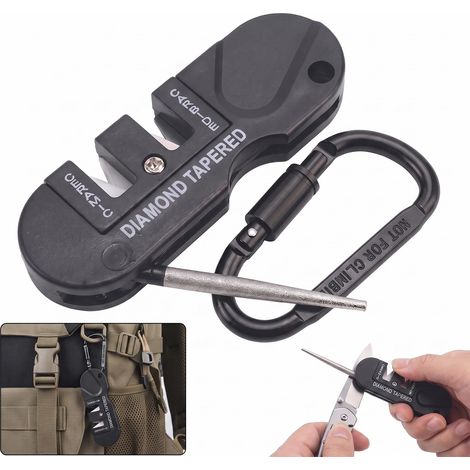 Aiguiseur Couteaux Portable et Fusil à Aiguiser de Poche pour Camping, Affûteur de Couteau Extérieur avec Mousqueton et Écrou Long Noir, Pierre à Aiguiser pour Couteaux, Scies et Hameçons (1/5)