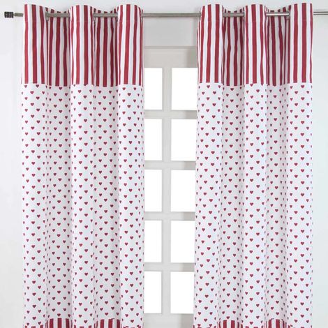 HOMESCAPES Gardinen mit Ösen Herzen rot weiss 2er Set 100% Baumwolle, 228x137 cm