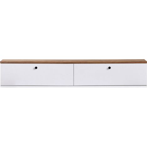 Meuble tv suspendu 2 portes plateau bois foncé L140cm - Blanc - Yara (1/5)