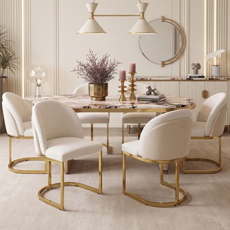 CHICFURN Set di 6 sedie da pranzo 59x52x85 cm in ciniglia beige e metallo dorato (1/5)