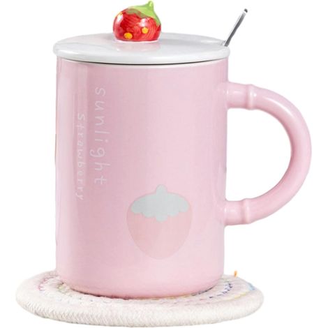 Tasse en céramique colorée de 500 ml - Motif fruits d'été - Pour le petit déjeuner - Pour le bureau et la maison - Fraise rose (1/5)