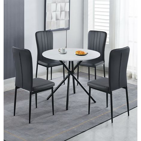 Hallowood Furniture Cullompton Round Table and Chairs Set 4, White Marble Effect Round Dining Table with Chairs in Black Faux Leather Seats, 4 Seater Dining Room Sets for Home or Café (1/5)