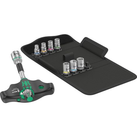 Kraftform Kompakt 400 RA Set 2, Tournevis adaptateur à poignée en T avec fonction cliquet et jeu de douilles, 9 pièces, Noir-vert (1/5)