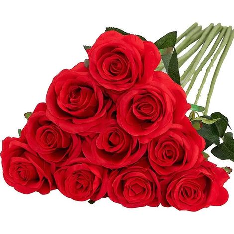 Lot de 10 roses artificielles rouges en flanelle, fleurs artificielles réalistes pour décoration de mariage, maison et jardin, rouge (1/5)