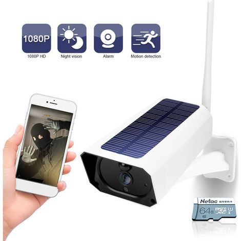 Caméra de surveillance intérieure/extérieure solaire 1080P – Wi-Fi, IP65 étanche, vision nocturne infrarouge, détection humaine PIR – Installation facile (1/5)