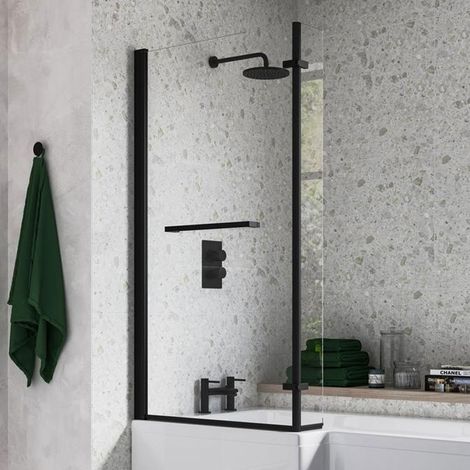 Signature Matt Black L-Shaped Hinged Bath Screen with Rail 1500mm High x 815mm Wide - 6mm Glass