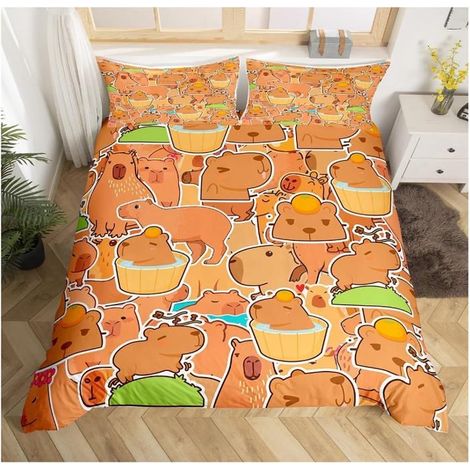 Capybara Housse de Couette 200x200cm Cadeaux Literie Set Amants d'animaux de Capybara Modèle Orange Marron Literie Set - RIV (1/4)