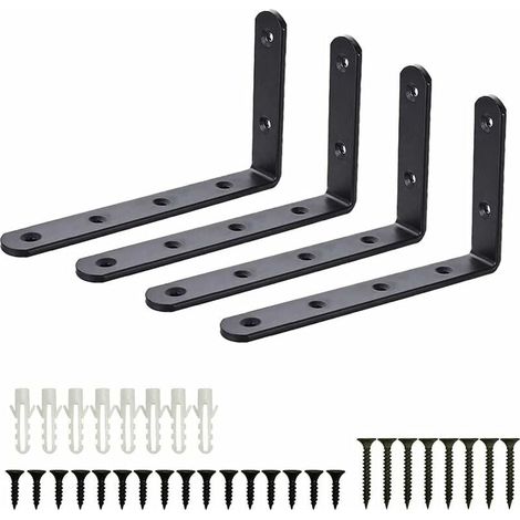 Staffe di fissaggio, 4 staffe angolari in acciaio inox per mensole da parete per garage, staffa da parete a forma di L nera, fai da te industriale per la decorazione di mobili, collegamento con viti (1/5)