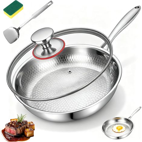 Titan Poêle à frire 26 cm en titane avec motif martelé Poêle en titane non revêtue avec éponge à récurer, couvercle et spatule, convient à tous les types de plaques de cuisson (1/5)