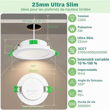 Spot LED Encastrable 230V, 5W 650LM Spots de Plafond Plat Trou 68-80mm, Blanc Chaud Blanc Neutre Blanc Froid Spot Salle de Bain IP44 pour Cuisine, Blanc (1/4)