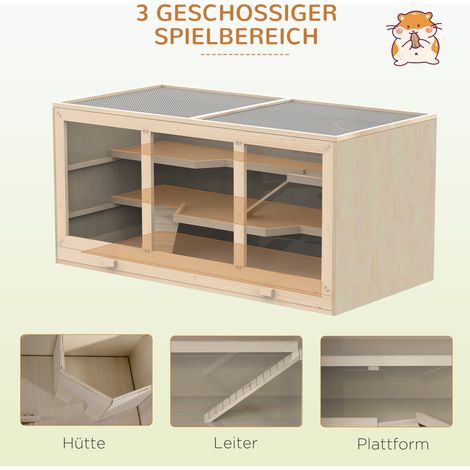 Cage à rongeurs PawHut en bois naturel, 3 étages, avec plateau nettoyable, couvercle articulé et rampe, parfaite pour hamsters et hamsters nains, 115x57x55 cm