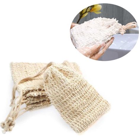 Sachets à savon en sisal, fabriqués à partir de fibres naturelles, pour exfolier et sécher le savon. Pratiques et résistants pour la douche. Lot de 5 sachets réutilisables pour shampoing. (1/5)