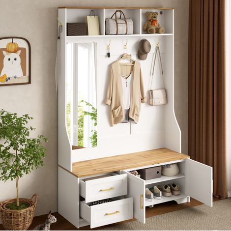 MEUBLIV Garderobenmöbel 120 x 40 x 187 cm Weiß/Holz – Spiegel, LED, Stauraum (1/5)