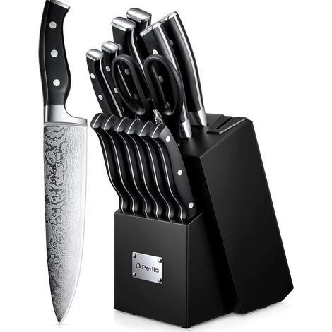 Kitchen Knife Block with Built-in Sharpener, Black Wooden Block, Knives and Scissors, Stainless Steel, Black Handle (1/5)