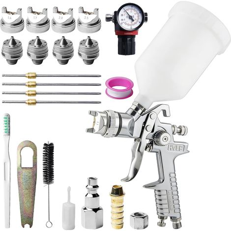 HVLP Pistolet à peinture professionnel avec 4 buses 1,4 mm, 1,7 mm, 2,0 mm, 2,5 mm Système de pulvérisation professionnel Pistolet à peinture à air comprimé avec gobelet en plastique de 600 ml et (1/5)