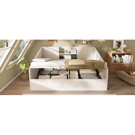 Lit hydraulique 140x190 cm, bois blanc, 2 compartiments. Grande capacité, USB/Type-C, matelas fourni, compact. (1/5)