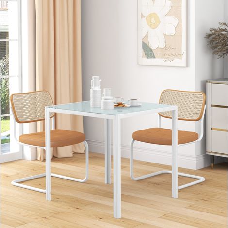 Tavolo da pranzo 75x75x75 cm bianco in vetro e metallo con struttura stabile per 4 persone (1/5)