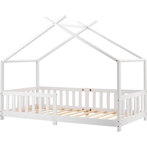Lit cabane enfant 90x200 cm blanc avec barrière de sécurité, toit triangle stable, sommier à lattes, grand espace sous le lit, bois de pin FSC - CHICFURN (1/5)