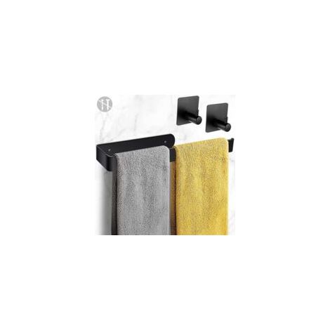 Porte-serviettes sans perçage, noir, 32 cm, auto-adhésif avec 2 crochets, pour salle de bain, cuisine et WC. (1/5)