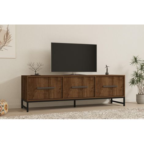 Support TV en Noyer, 160 cm x 50 cm x 40 cm, 100% mélamine, épaisseur 18 mm, Montage Mural, étagères Multiples, Rangement supplémentaire (1/5)