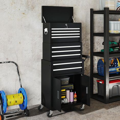 Coffre à outils 3 en 1, armoire à outils à 4 roues, coffre à outils verrouillable à 9 tiroirs, acier, noir (1/5)